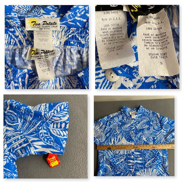 Vtg NOS 80s 90s Two Potato Resort Wear Button Down Shirt + Shorts Set S Blue - Picture 7 of 9